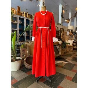 1970s maxi dress, red polyester, vintage 70s dress, french cuffs, long sleeve 29